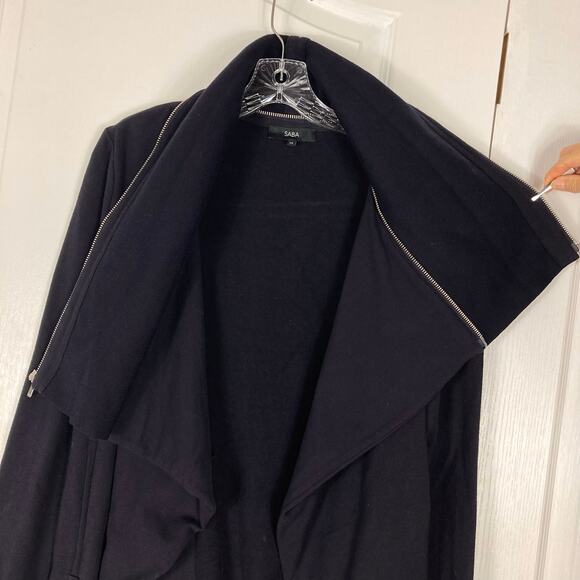 Nwot SABA Jacket Cardigan XS Black Open 2-Zip-Collar Drape Pocket Cotton Long-Sl - Picture 4 of 13